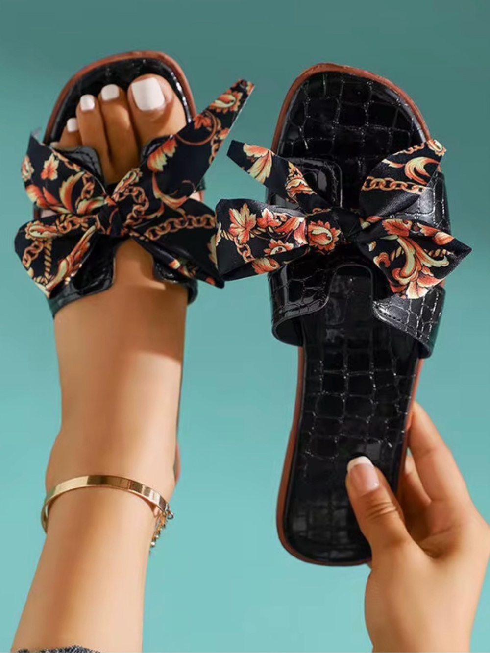 Black Floral Bow Slide Sandals for Women